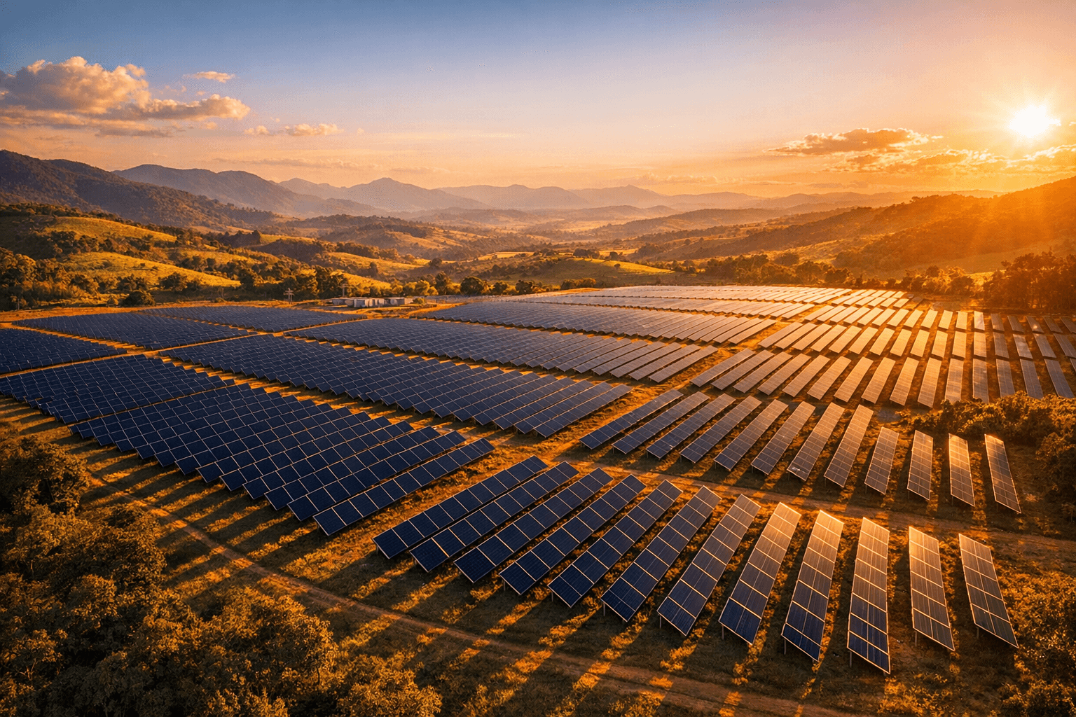 Fazenda solar da Atmo em Minas Gerais ao pôr do sol