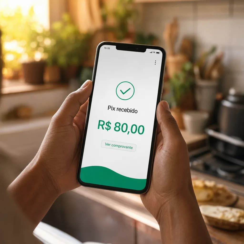 Mãos segurando um celular com a notificação de Pix recebido de R$ 80,00