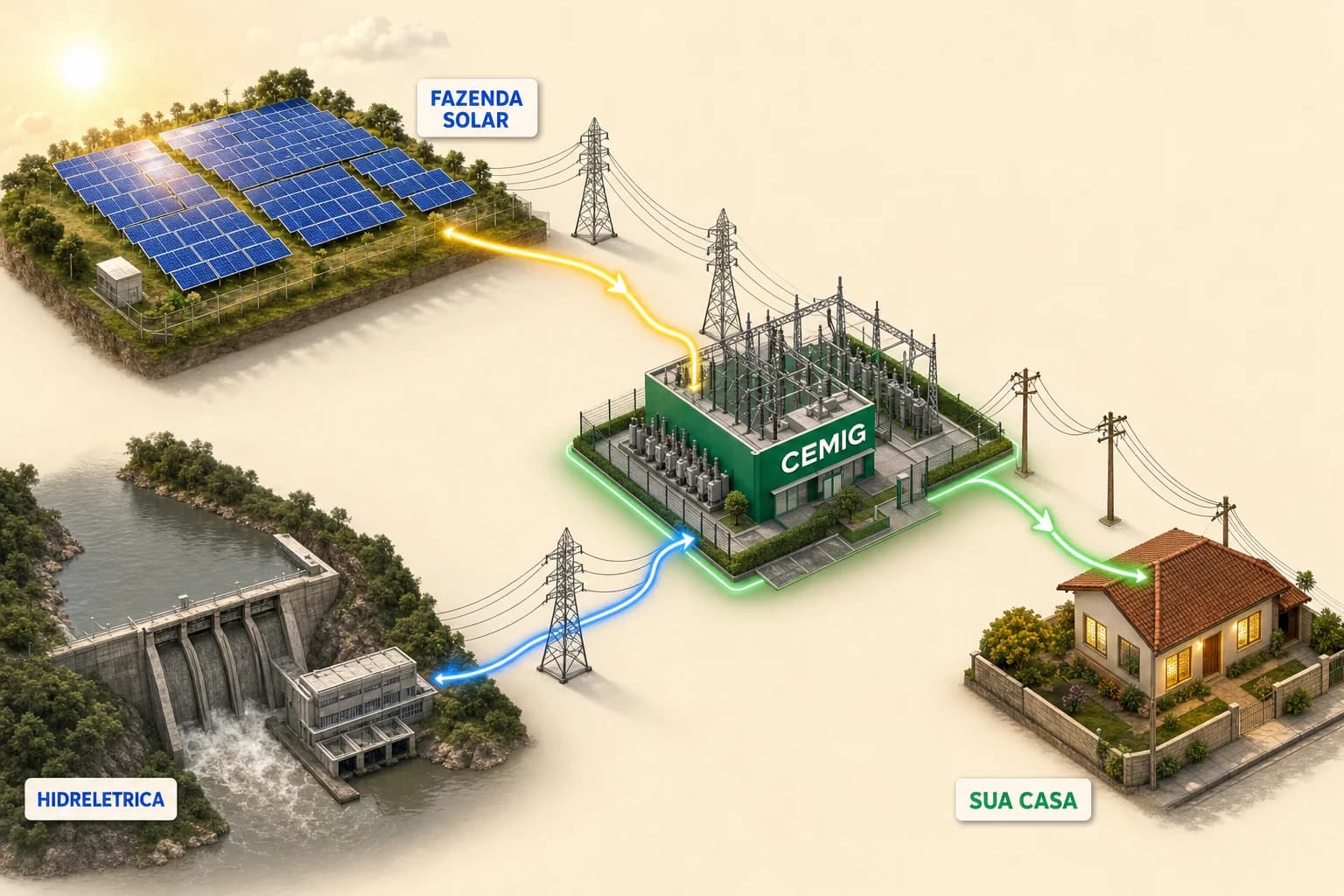 Diagrama: a fazenda solar e a hidrelétrica abastecem a subestação da Cemig, que leva a energia pelos fios até a sua casa